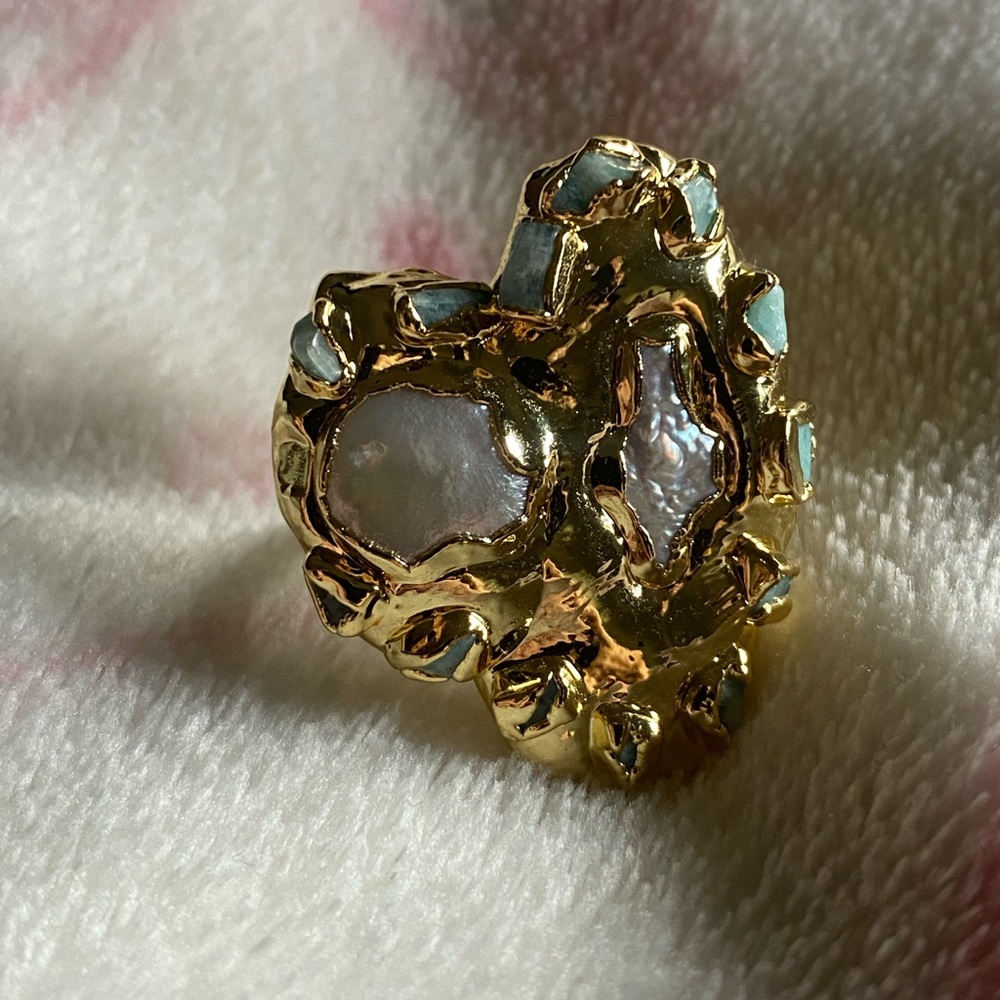 Real Amazonite and Pearl 18k GP Ring